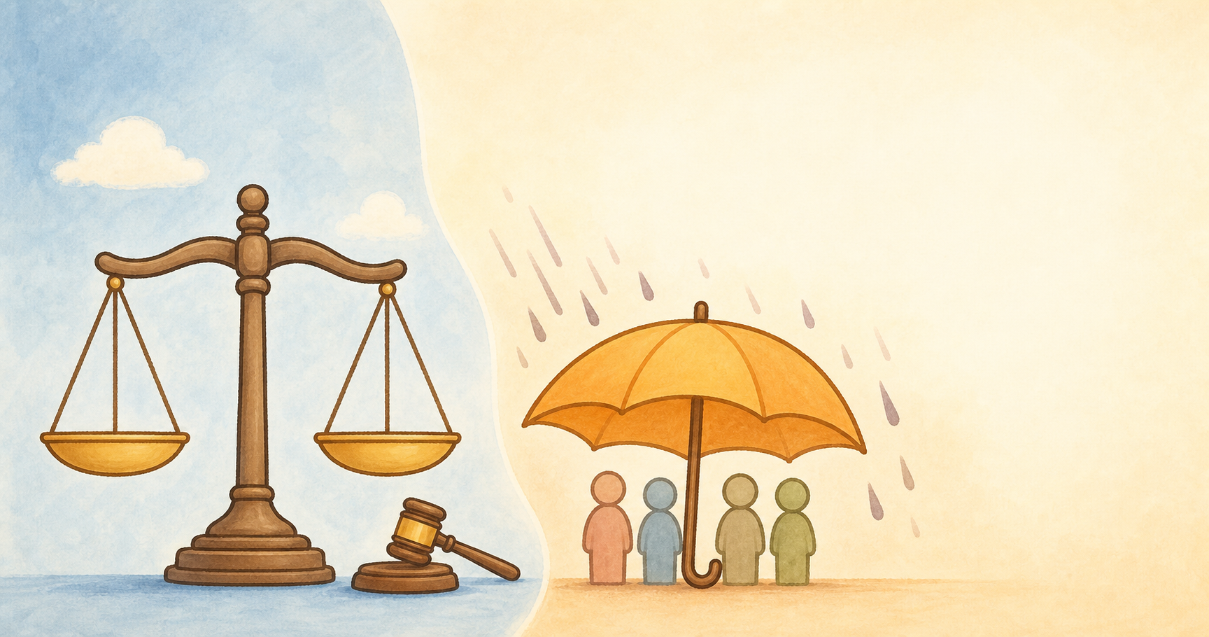 prosecution과 persecution을 법의 저울과 압박을 막는 우산으로 대비한 이미지